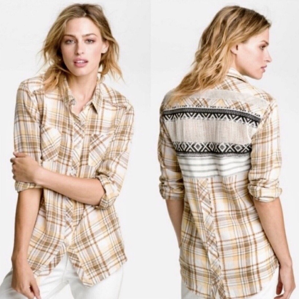 Free People We The Free Plaid Snap Back Buttondown Shirt size M